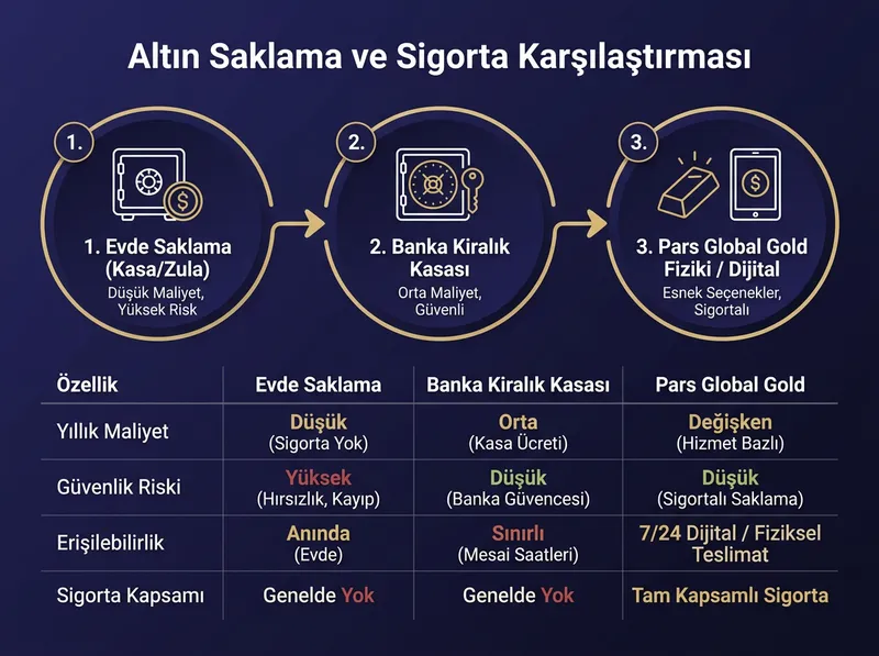 Evde altın saklama, banka kasası ve fiziki/online altın alım platformları arasındaki risk-maliyet karşılaştırması.