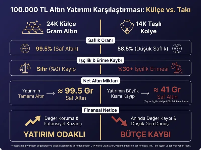 100.000 TL bütçeyle 24K külçe gram altın ile 14K takı alımının finansal netice karşılaştırması.