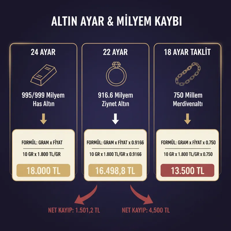 Ayar ve milyem düşüklüğünün altın bozdurma anında yarattığı net TL sermaye kaybı hesabı.