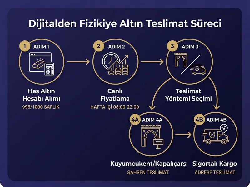 Pars Global Gold platformunda 995 saflıkta canlı altın alımı ve fiziki teslimat adımları.