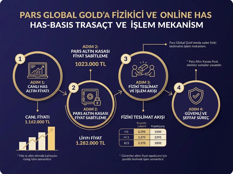 Kuyumcukent ve Kapalıçarşı İşlem Akışı: Fiziki teslimat, Pars Altın Kasası fiyat sabitleme sistemi ve canlı has altın bazlı alım adımları.