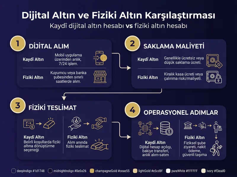 Dijital mobil hesaplardaki kaydî altın ile fiziki altın arasındaki temel farkları ve operasyonel adımları açıklayan bilgi şeması.