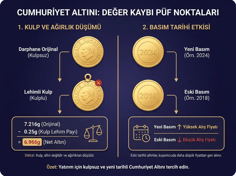 Kuyumcularda kulp ve basım tarihi nedeniyle yaşanan değer kayıplarını ve dikkat edilmesi gereken hususları gösteren infografik.