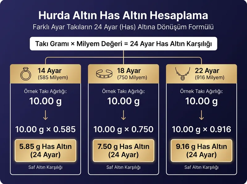 Farklı ayardaki eski altınların saf (has) altın gramına dönüştürülme formülünü gösteren karşılaştırmalı tablo grafiği.