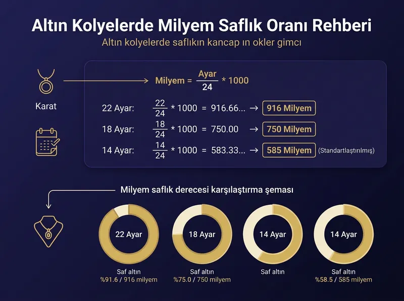 14, 18 ve 22 ayar altın kolyelerin saf altın ve alaşım oranlarını gösteren infografik.