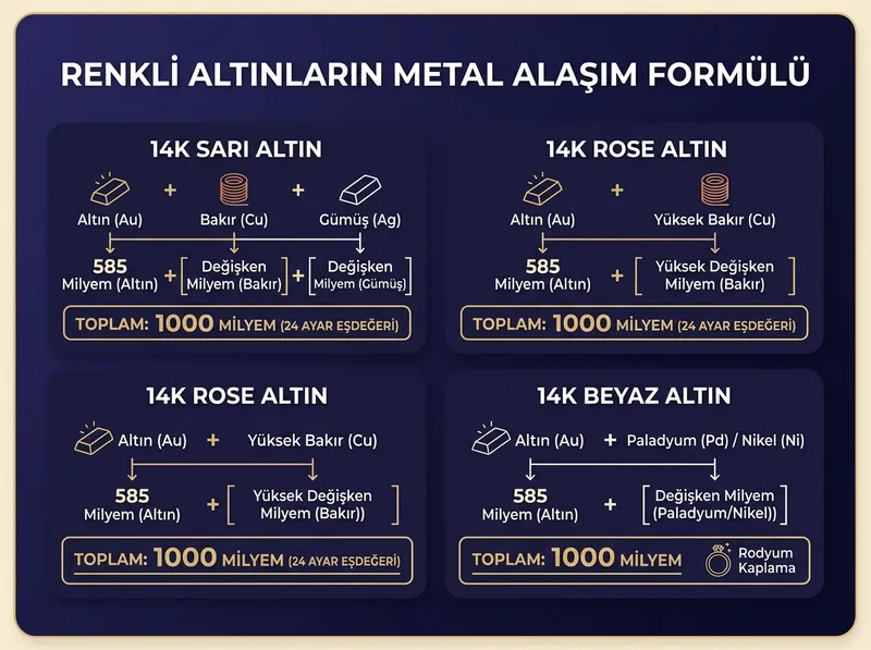 Renk türlerine göre metal alaşım oranlarını ve kimyasal bileşimleri infografik ile açıklamak.