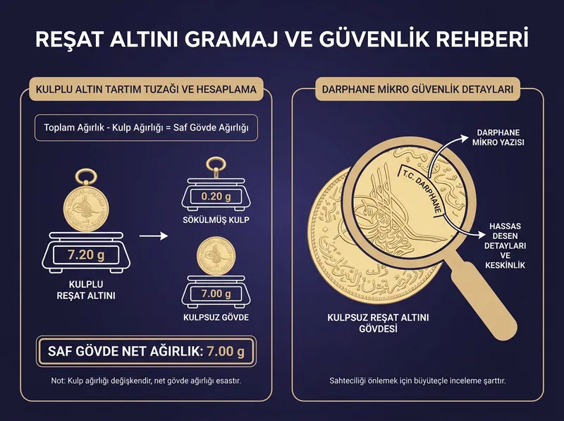 Kulplu altın tartım tuzakları ve Darphane mikro güvenlik detaylarını gösteren teknik rehber görseli.