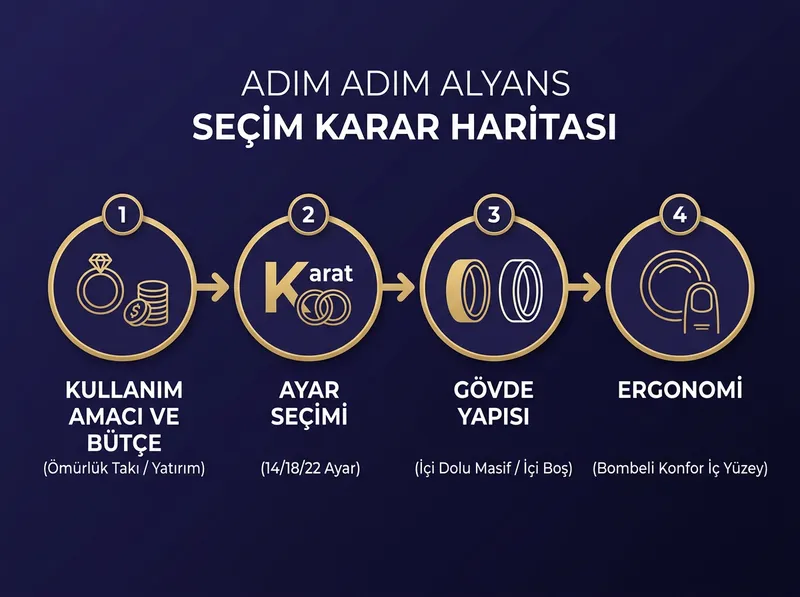 Evlenecek çiftlerin alyans kararı verirken izlemesi gereken adım adım karar haritası.