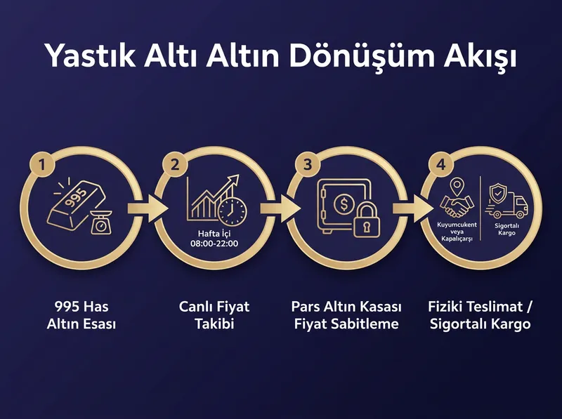Pars Global Gold şeffaf has altın esası, işlem saatleri ve fiziki teslimat seçenekleri akış şeması.