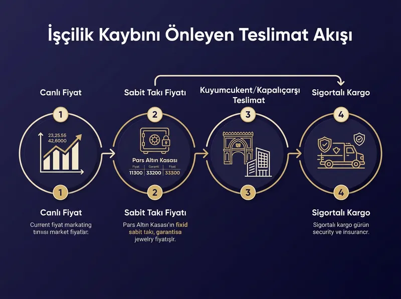 Pars Global Gold platformunda takı alışverişinde sabit fiyat garantisi ve teslimat kanallarını açıklayan adım adım süreç şeması.