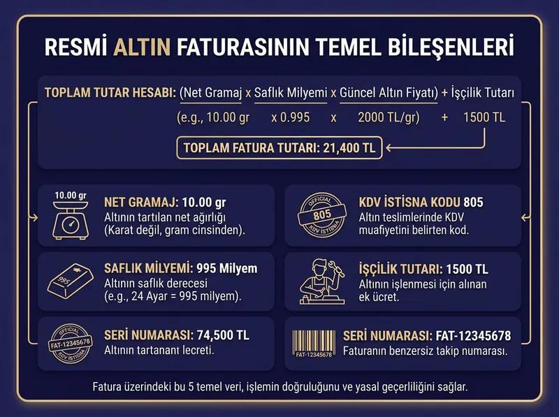Resmi bir altın faturasında yer alması gereken zorunlu kalemlerin görsel dökümü.