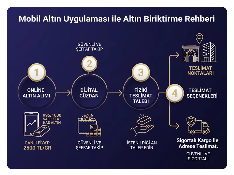 Pars Global Gold platformunda online altın alımından fiziki teslimata uzanan şeffaf ve güvenli işlem adımlarını gösteren akış şeması.