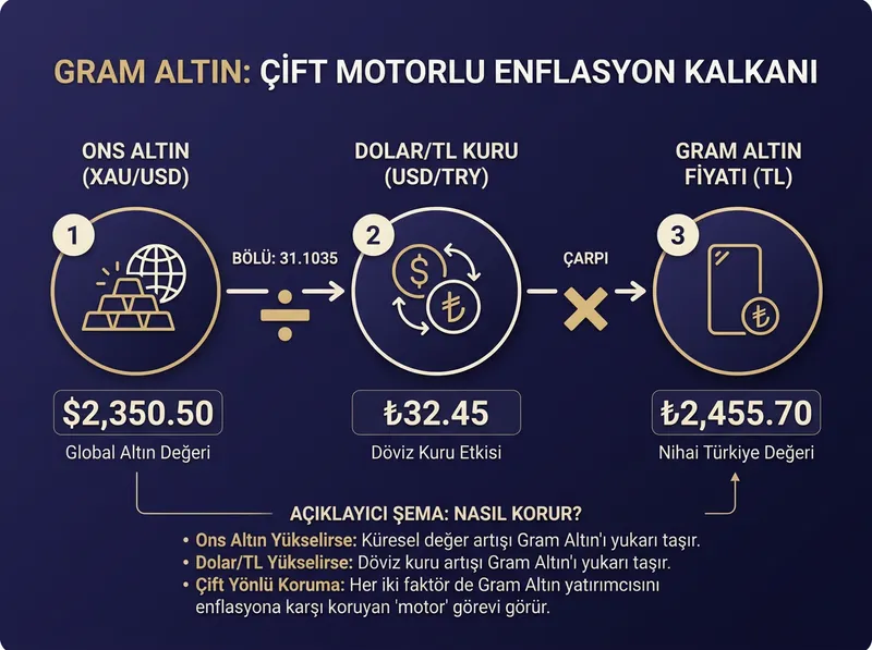 Gram altının hem küresel ons hem de döviz kuru üzerinden nasıl çift yönlü değer koruması sağladığını gösteren açıklayıcı şema.