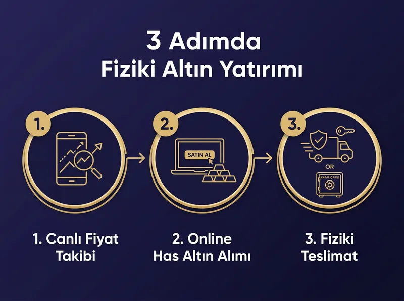 3 aşamalı süreç: Canlı fiyat takibi -> Has altın esasıyla online alım -> Sigortalı kargo veya Kapalıçarşı/Kuyumcukent'ten fiziki teslimat.