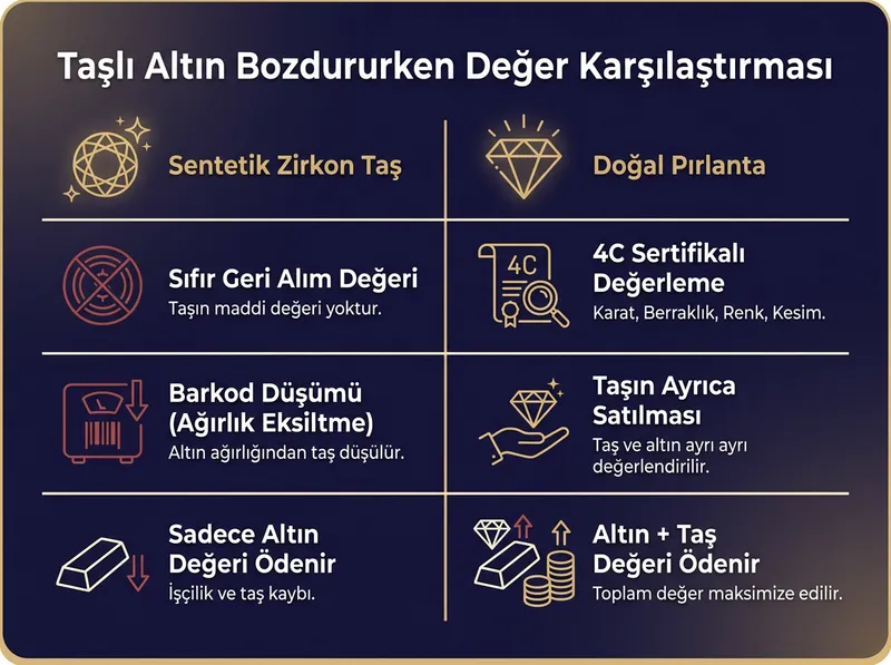 Zirkon ve doğal pırlantalı altın takı bozdurma farkları ve taş değerleme mantığı.