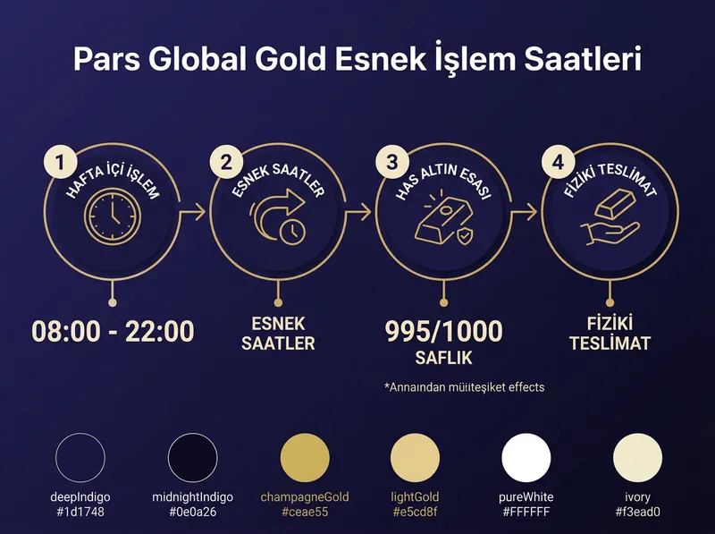 Pars Global Gold hafta içi 08:00-22:00 esnek işlem saatleri ve 995/1000 saflıkta has altın esası akış şeması.