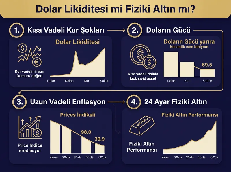 Vadeye göre Dolar ve altının tarihsel davranış farklarını gösteren infografik.