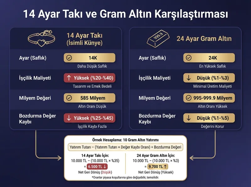 14 ayar isimli künyeler ile 24 ayar saf gram altın arasındaki işçilik ve değer farkı karşılaştırması.