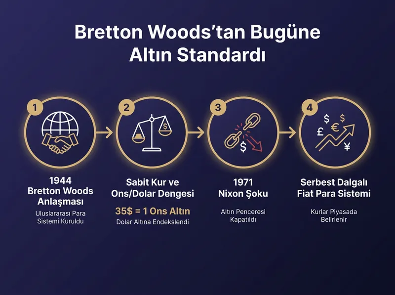 Bretton Woods sisteminden Nixon Şoku'na giden kırılma noktalarını gösteren kronolojik akış şeması.