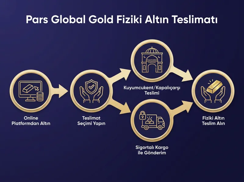 Online hesabınızda biriken altınların fiziki teslimat seçeneklerini adım adım açıklayan akış şeması.