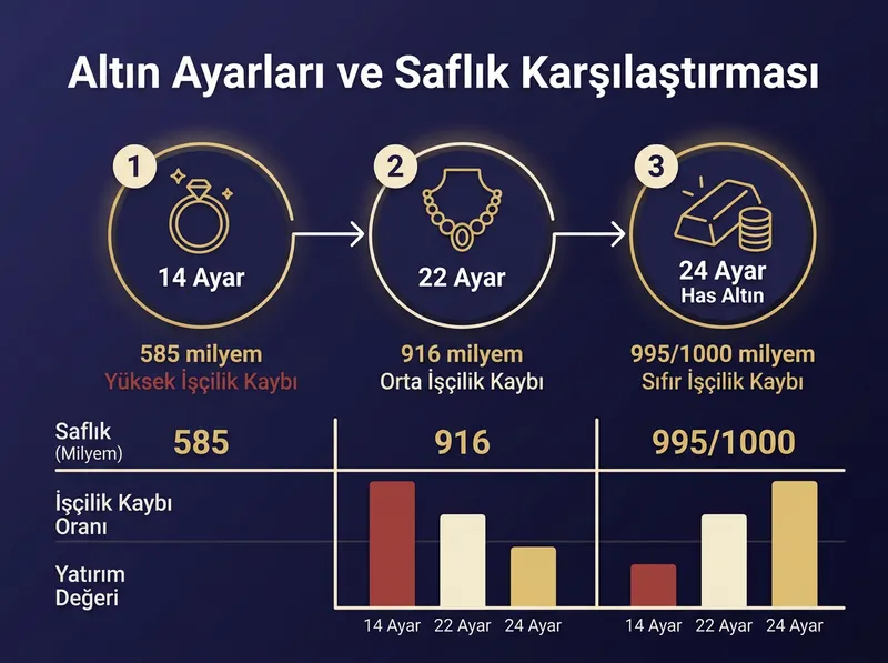 14 ayar, 22 ayar ve 24 ayar altın arasındaki milyem (saflık) ve işçilik kaybı oranlarını gösteren karşılaştırma şeması.