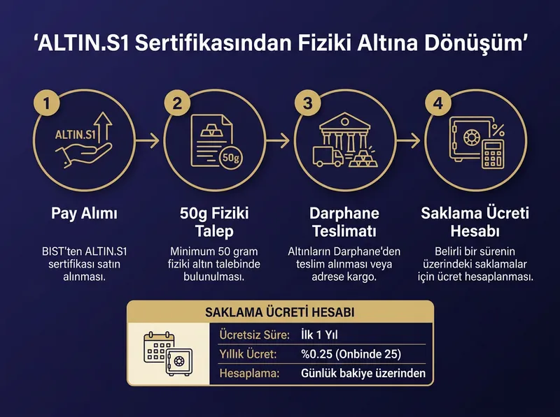 BIST ALTIN.S1 sertifikasından fiziki gram altına geçiş sürecini ve saklama ücreti hesabını özetleyen akış şeması.