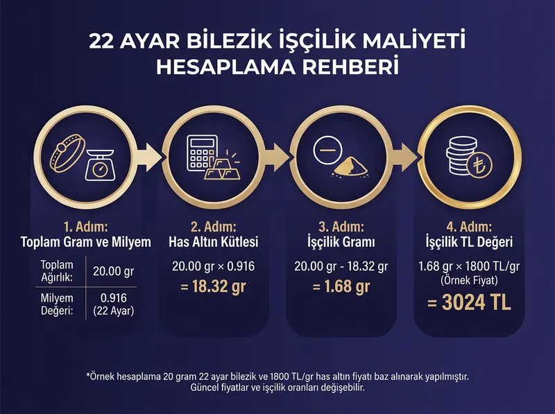 22 ayar bilezikte milyem çarpımı, has altın kütlesi bulma ve işçilik TL değerini ayıklama adımları