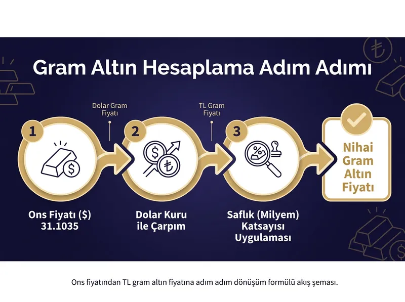 Ons fiyatından TL gram altın fiyatına adım adım dönüşüm formülü akış şeması.
