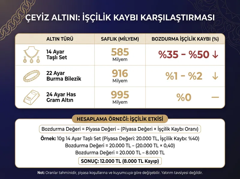 Farklı altın türlerinin ayar, saflık (milyem) ve bozdurma anındaki işçilik kaybı oranlarını kıyaslayan eğitici tablo.