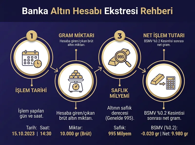 Banka altın hesabı ekstresindeki temel alanları ve kesintileri gösteren adım adım inceleme şeması.