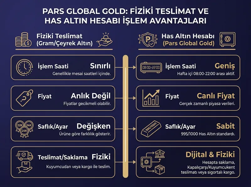 Pars Global Gold fiziki teslimat ve has altın hesabının işlem avantajları şeması