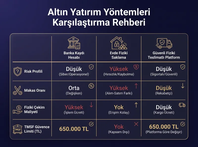 Karşılaştırma tablosu/şeması: Banka kaydi hesabı vs. Evde fiziki saklama vs. Güvenli fiziki teslimatlı platform. Risk, makas, fiziki çekim maliyeti ve TMSF limiti karşılaştırması.