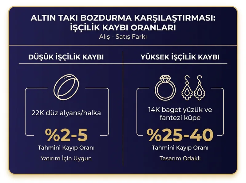Farklı yüzük ve küpe modellerinin bozdurma esnasındaki tahmini işçilik kaybı oranlarını kıyaslayan grafik.