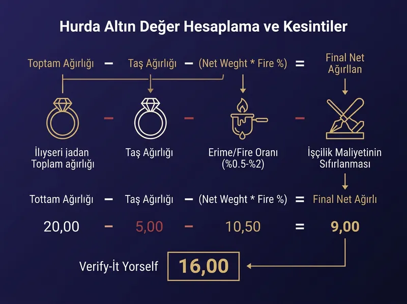 Kuyumcu alımında uygulanan taş kesintisi, erime fire oranı ve alım-satım makas mantığını açıklayan bilgilendirici grafik.