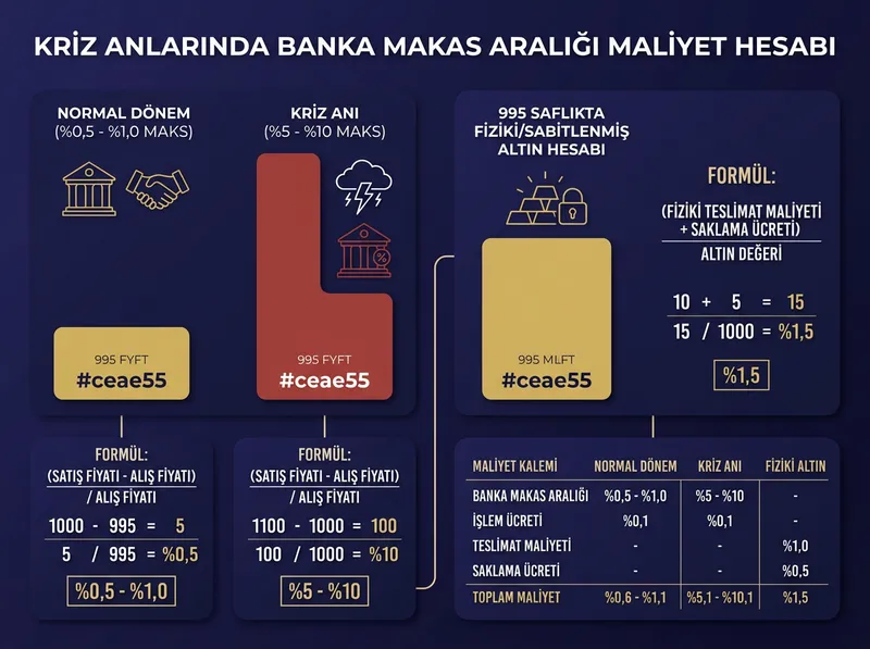 Kriz anlarında banka alış-satış makaslarının yatırımcı bakiyesine etkisini ve maliyet farkını gösteren hesaplama grafiği.