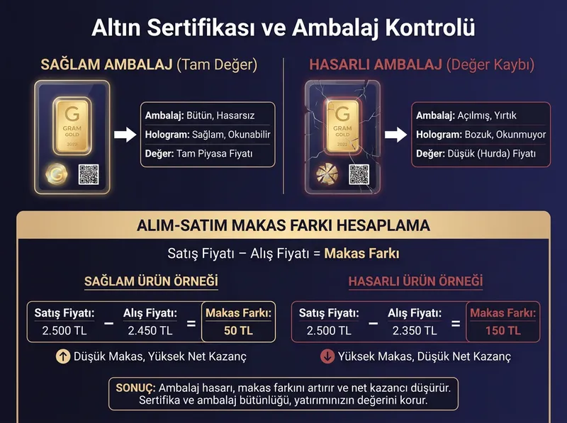 Ambalaj hasarının ve hologram bozulmasının altın bozdurma fiyatına etkisini açıklayan karşılaştırmalı görsel.