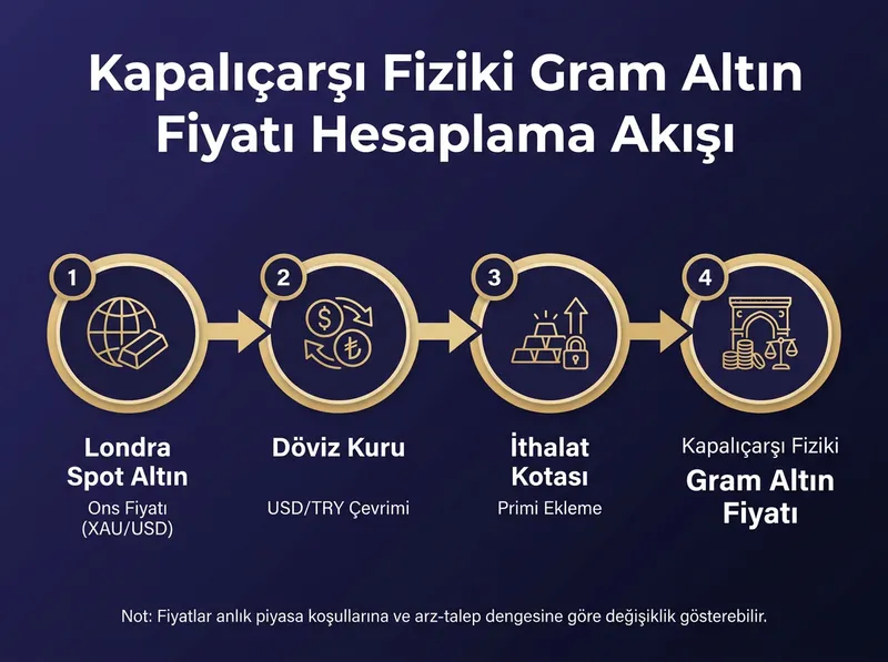 Uluslararası spot ons fiyatından Kapalıçarşı gram altın fiyatına geçiş adım adım hesaplama akışı.