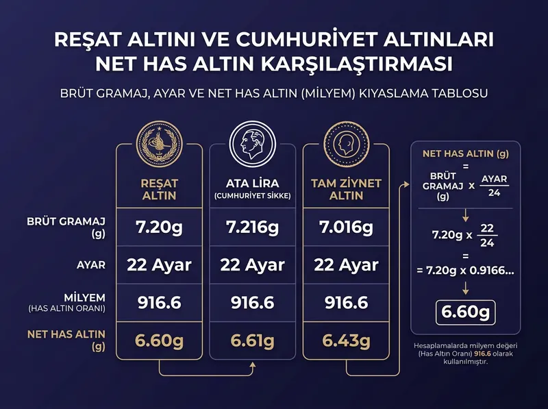 Reşat altını ile Cumhuriyet ziynet ve sikke altınlarının net has altın içeriği karşılaştırması.
