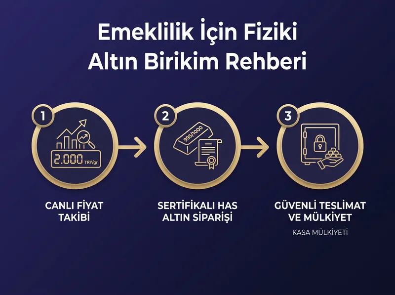 Pars Global Gold platformu üzerinden güvenli ve şeffaf fiziki altın biriktirme adımlarını açıklayan akış şeması.