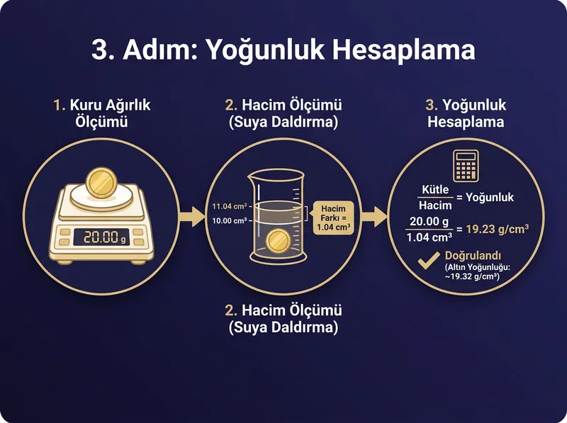 Evde su ve hassas terazi kullanarak altın yoğunluğu hesaplama adımlarını gösteren infografik.