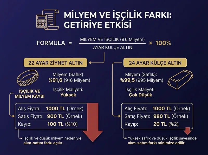 22 ayar ziynet ve 24 ayar külçe altın arasındaki milyem farkının getiriye etkisini gösteren görsel.