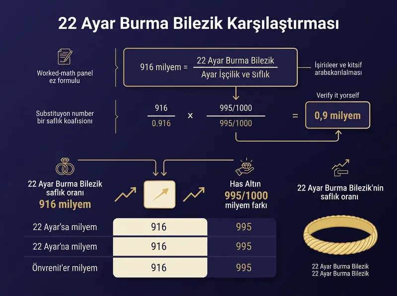 Burma bileziğin milyem (0.916) saflık derecesini ve saflık katsayısını açıklayan grafik.