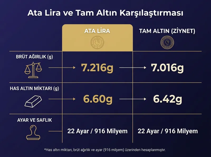Ata Lira ile Tam Ziynet Altın arasındaki 0.20 gramlık farkı ve 6.60g ile 6.42g has altın içeriğini açıklayan grafik