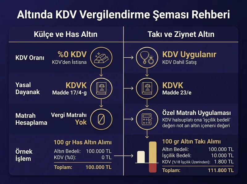 Has altın ile işlenmiş altın takılar arasındaki KDV mevzuatı ve vergilendirme farkı şeması.