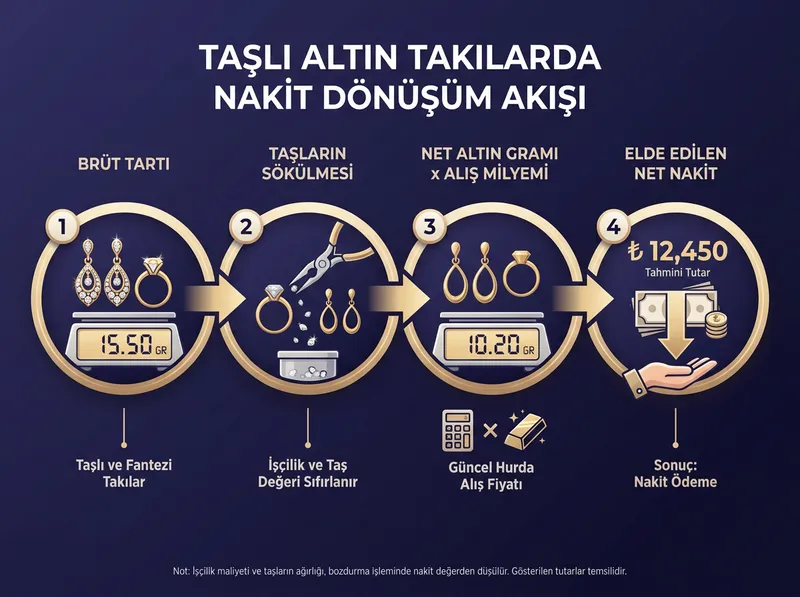 Taşlı yüzük ve küpelerde taş sökümü ve işçilik sıfırlanmasının nakit dönüşümüne etkisini açıklayan akış şeması.