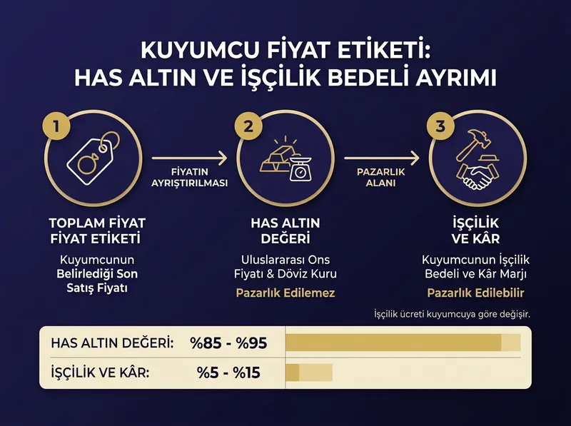 Kuyumcu fiyat etiketi içerisindeki has altın ve işçilik bedeli ayrımını görselleştiren şema.