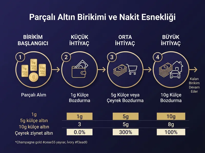 Nakit ihtiyacında parçalı fiziki altın bozdurma esnekliğini gösteren akış şeması.