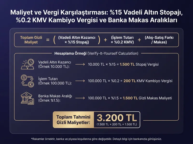 Bankadaki kaydi ve vadeli altın hesaplarındaki vergi ve makas gizli maliyetlerinin detaylı tablosu.