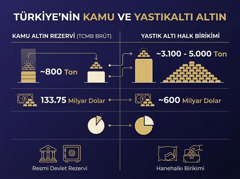 Türkiye'deki kamu altın stoku ile hanehalkı altın birikiminin ton ve dolar cinsinden oransal dağılımı.