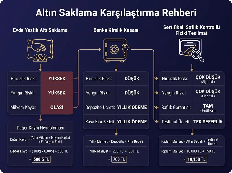 Evde yastık altı saklama ile kiralık kasa ve sertifikalı fiziki altın teslimatının risk ve maliyet karşılaştırması.